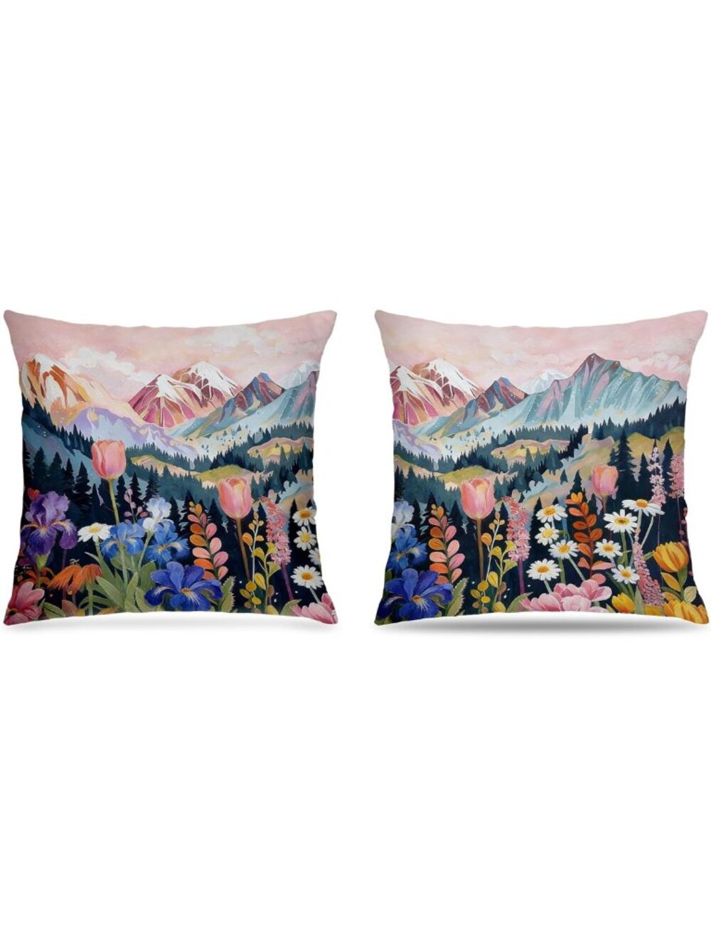 Colorful Boho Floral Mountain Pillow Covers 18x18 - Set of 2, Eclectic Nature